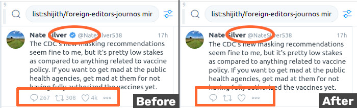 Pic of reply, retweet and like stats being hidden for a tweet in Tweetdeck, before and after filters are applied