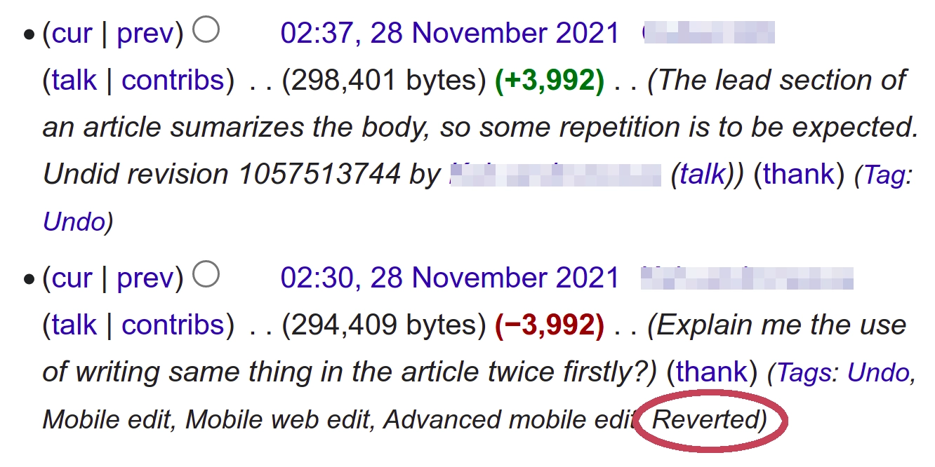 Screenshot of a page's edit history where an edit has been tagged reverted